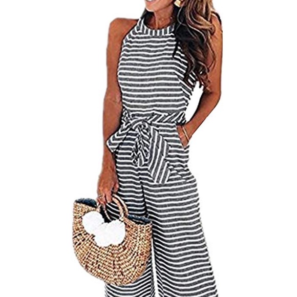 NWT Striped Waist Belt Wide Leg Chic Jumpsuit - Picture 2 of 5